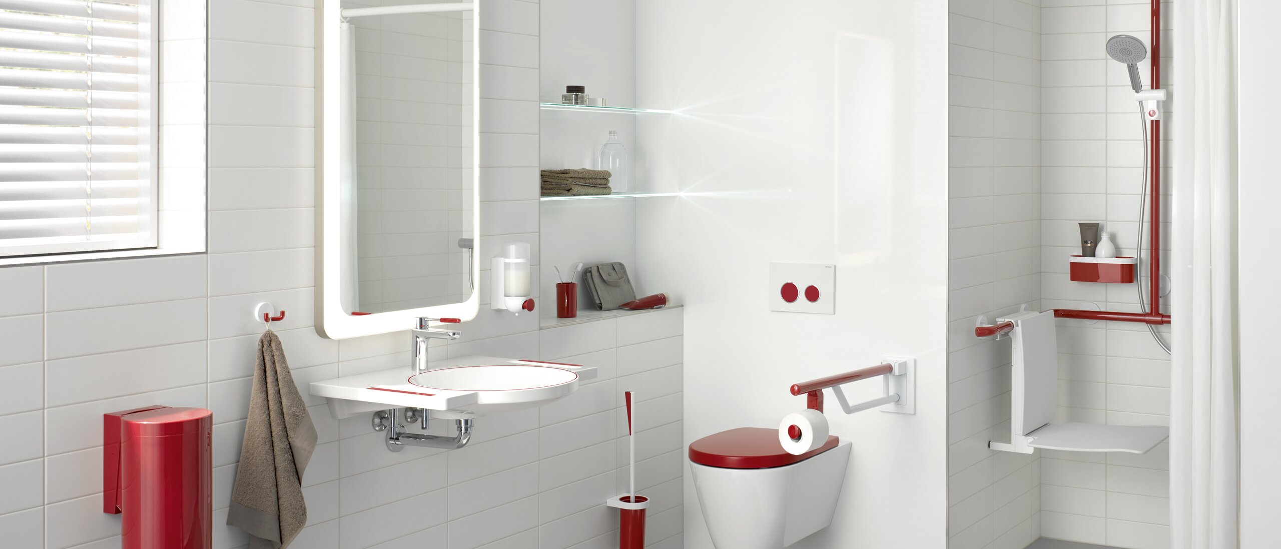 Bathroom equipped with products in a contrasting red colour for dementia patients